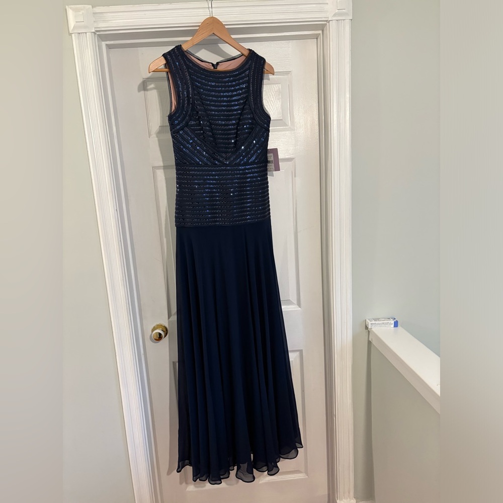Sleeveless Navy Sequin Bodice Evening Dress